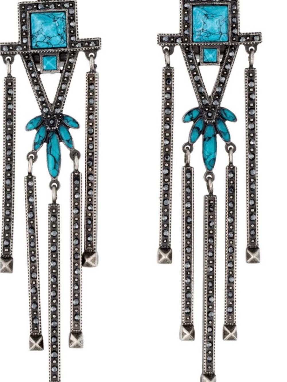 Valentino Turquoise and Gunmetal Art Deco Drop Earrings - Women Jewelry